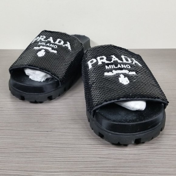 PRADA Logo Sequin Slide Sandal, Black, Womens Size 7.5US / 37.5EU - Picture 4 of 11